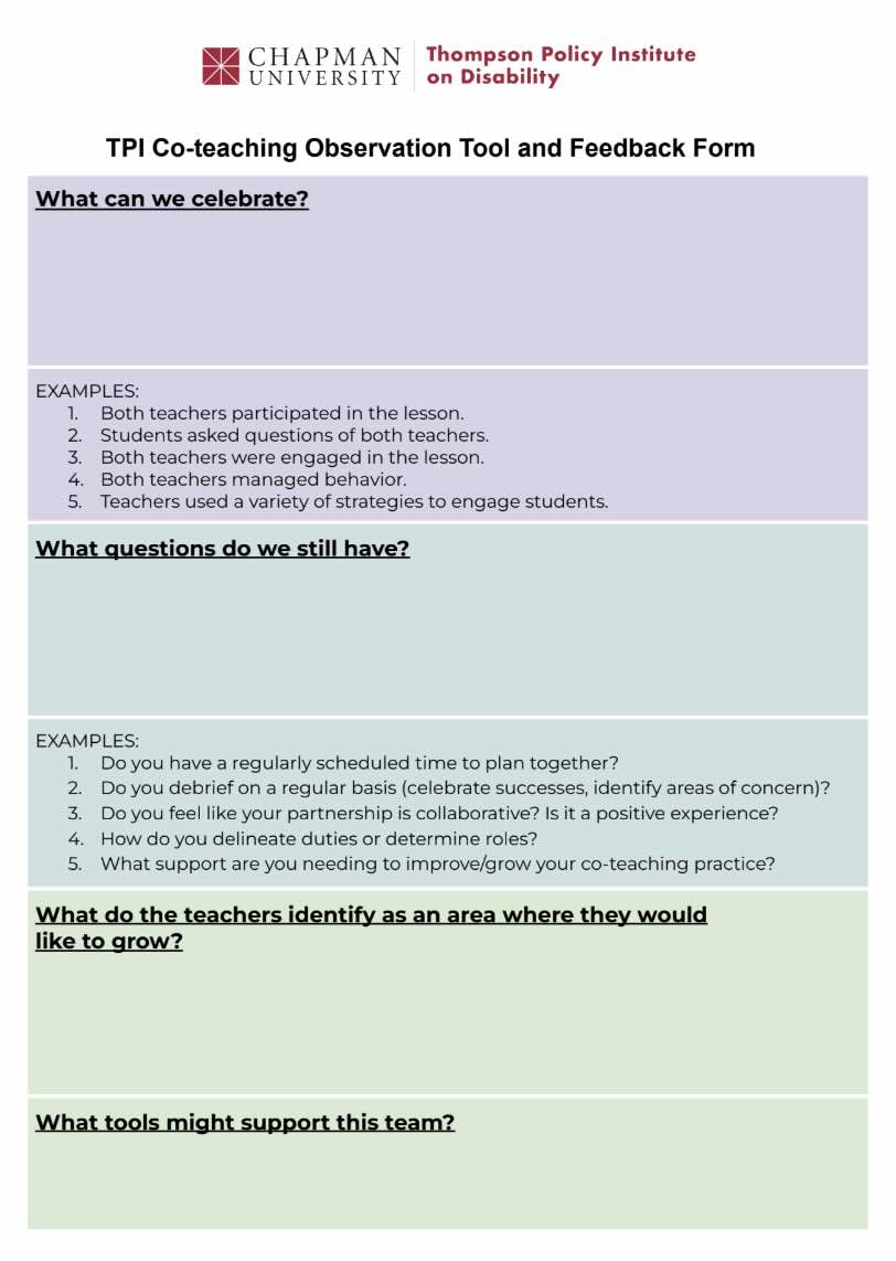 This is a PDF tool that offers an Observation Feedback Form for Observing Co-teachers.