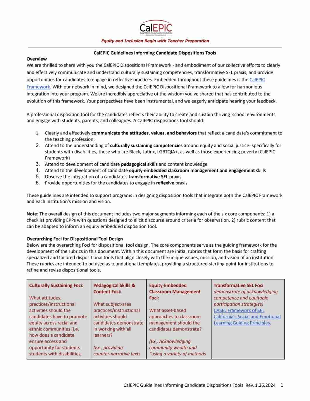 This is a PDF of guidelines to support programs in designing disposition tools that integrate both the CalEPIC Framework and each institution's mission and vision.
