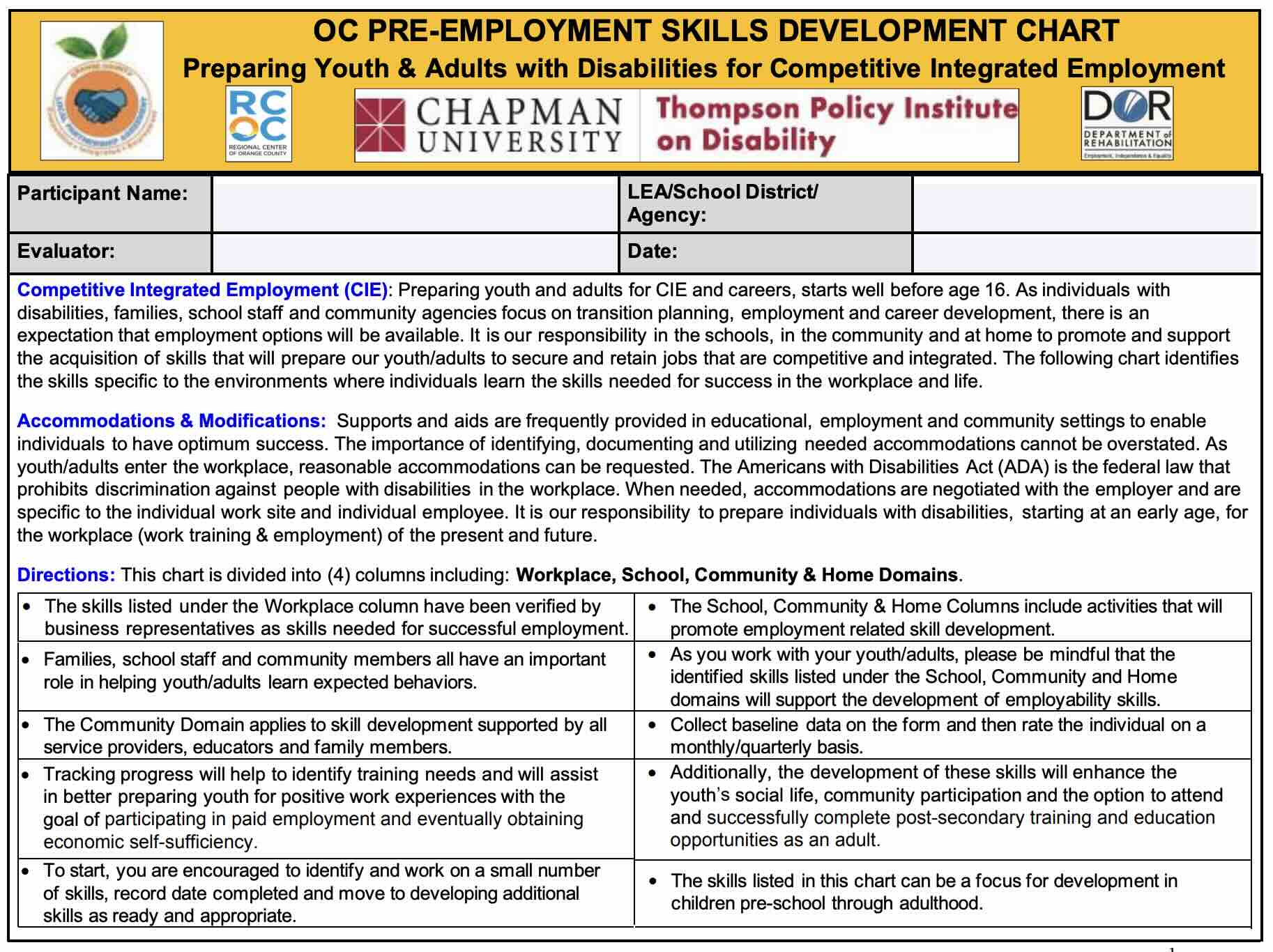 This is a PDF chart guiding families, educators, and service providers on preparing youth and adults with disabilities to develop the pre-employment skills needed to be successful in Competitive Integrated Employment (CIE).