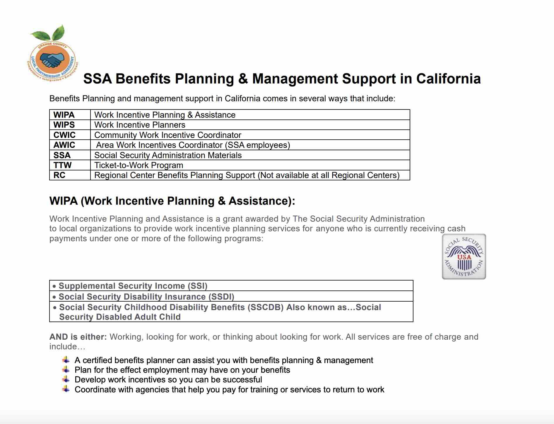 This is a document that lists specific California Benefits Planning & Management resources.