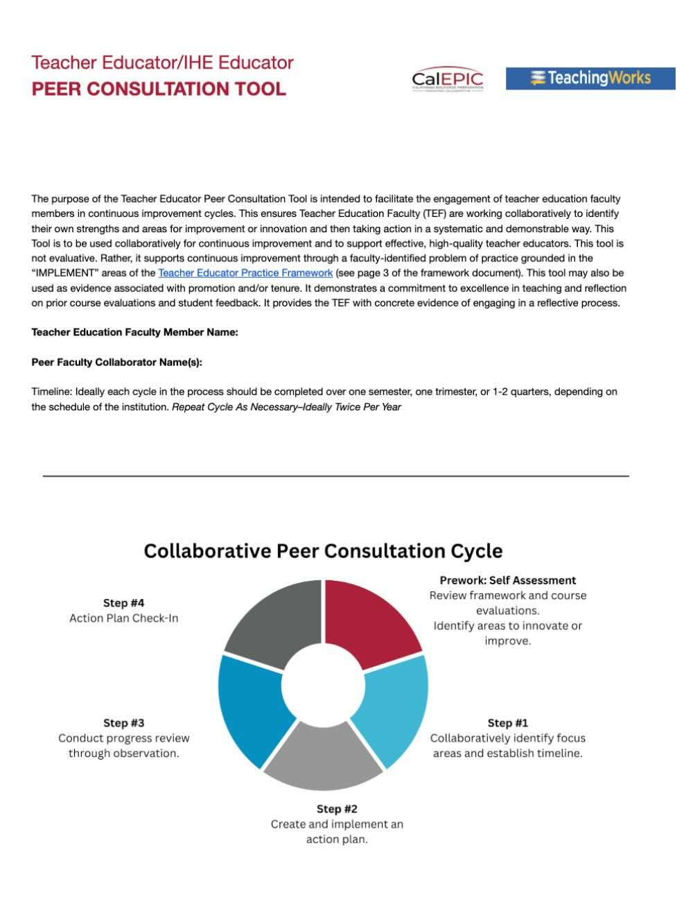 This is a PDF tool used to facilitate engagement of teacher education faculty in continuous improvement cycles.