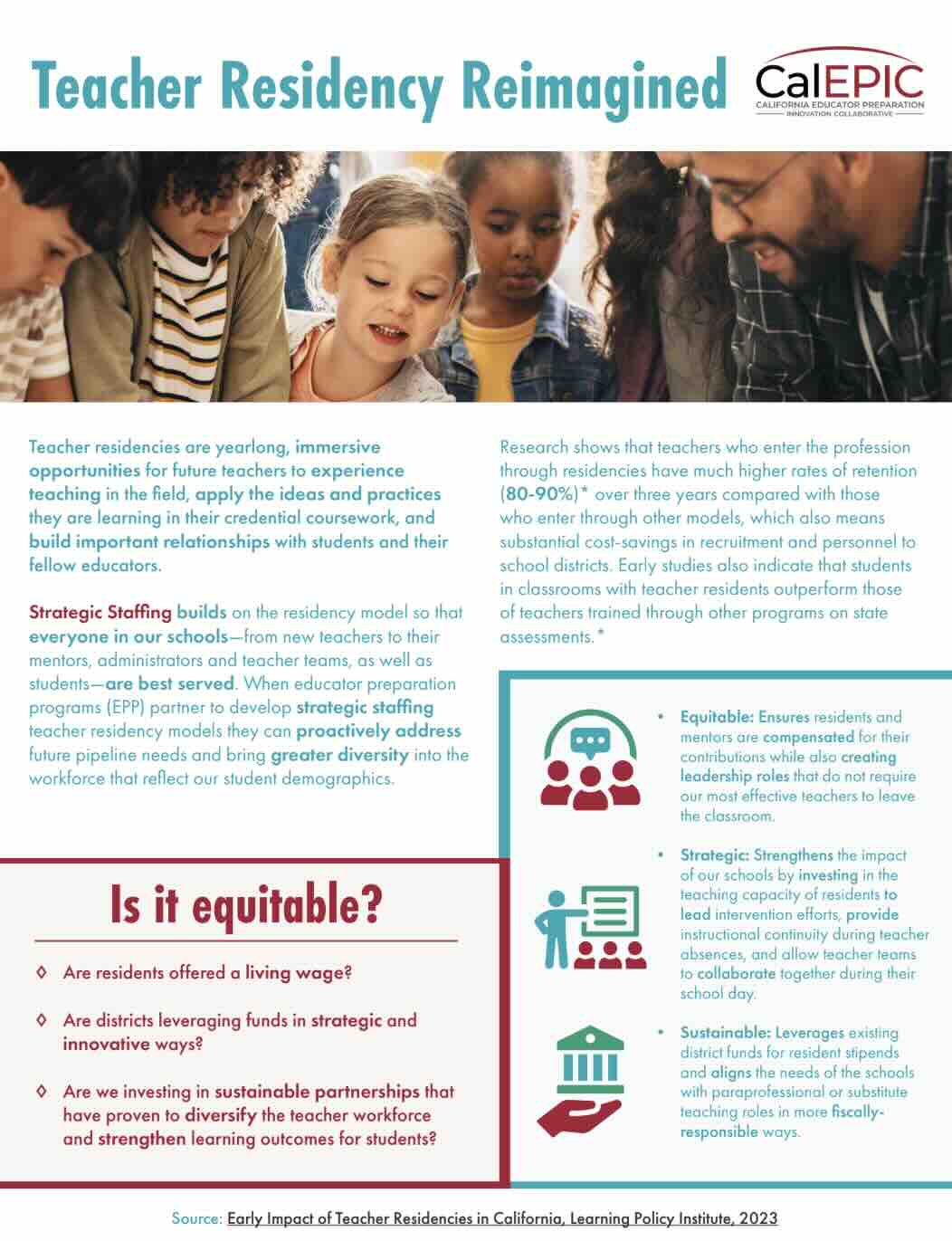 This is a two-page informational flyer about outlining the definitions, benefits and models related to strategic sustainable teacher residency programs.