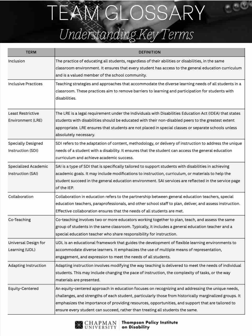 This is a PDF tool offering key terms around inclusive practices.